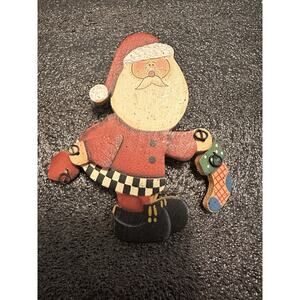 Vintage Handmade Rustic Cottage Country Christmas Brooch Wooden Santa Pin